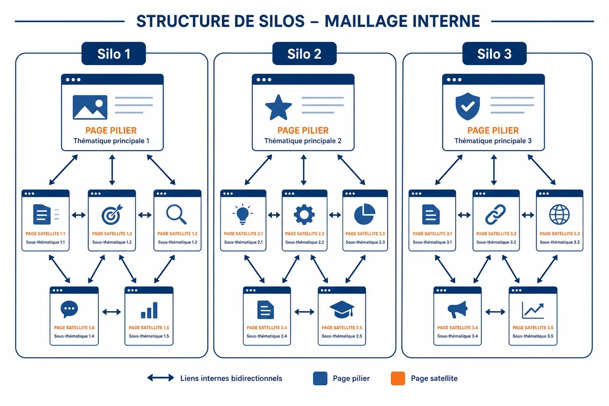 Schéma de maillage interne en silos thématiques avec pages piliers et satellites reliées par des liens