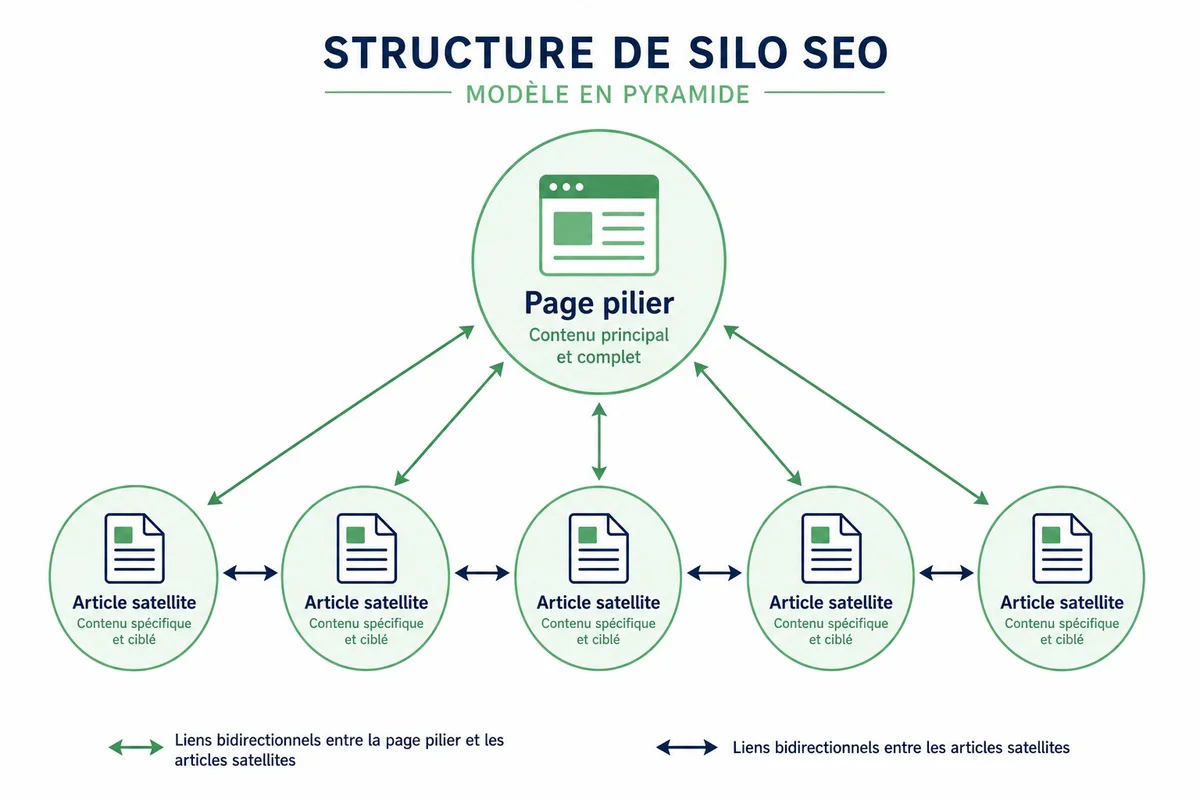 Page pilier et articles satellites dans un silo SEO Schéma pyramidal d'un silo SEO avec page pilier centrale et articles satellites interconnectés