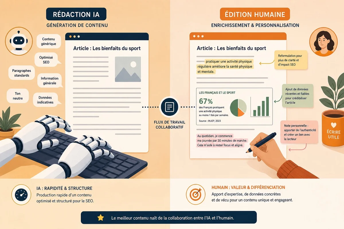 Illustration de la rédaction hybride combinant IA et expertise humaine pour le SEO en 2026