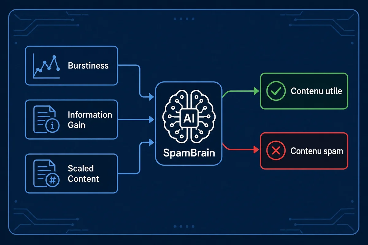 Schéma du fonctionnement de SpamBrain de Google pour analyser les contenus générés par IA