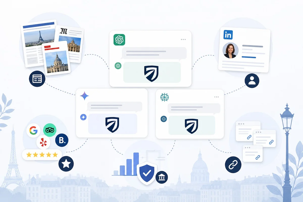 Stratégie de marque et GEO optimisation IA citations Illustration d'une marque française citée dans une réponse IA avec mentions presse et signaux d'autorité hors site