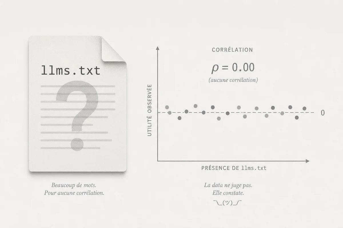 llms.txt et GEO : un fichier qui ne sert à rien selon les études 2026 Illustration d'un fichier llms.txt dépriorisé par les crawlers IA dans le contexte du GEO en 2026