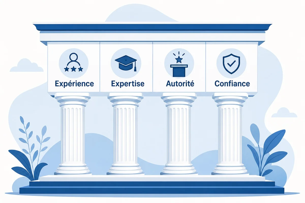 Illustration des quatre piliers E-E-A-T expérience expertise autorité confiance