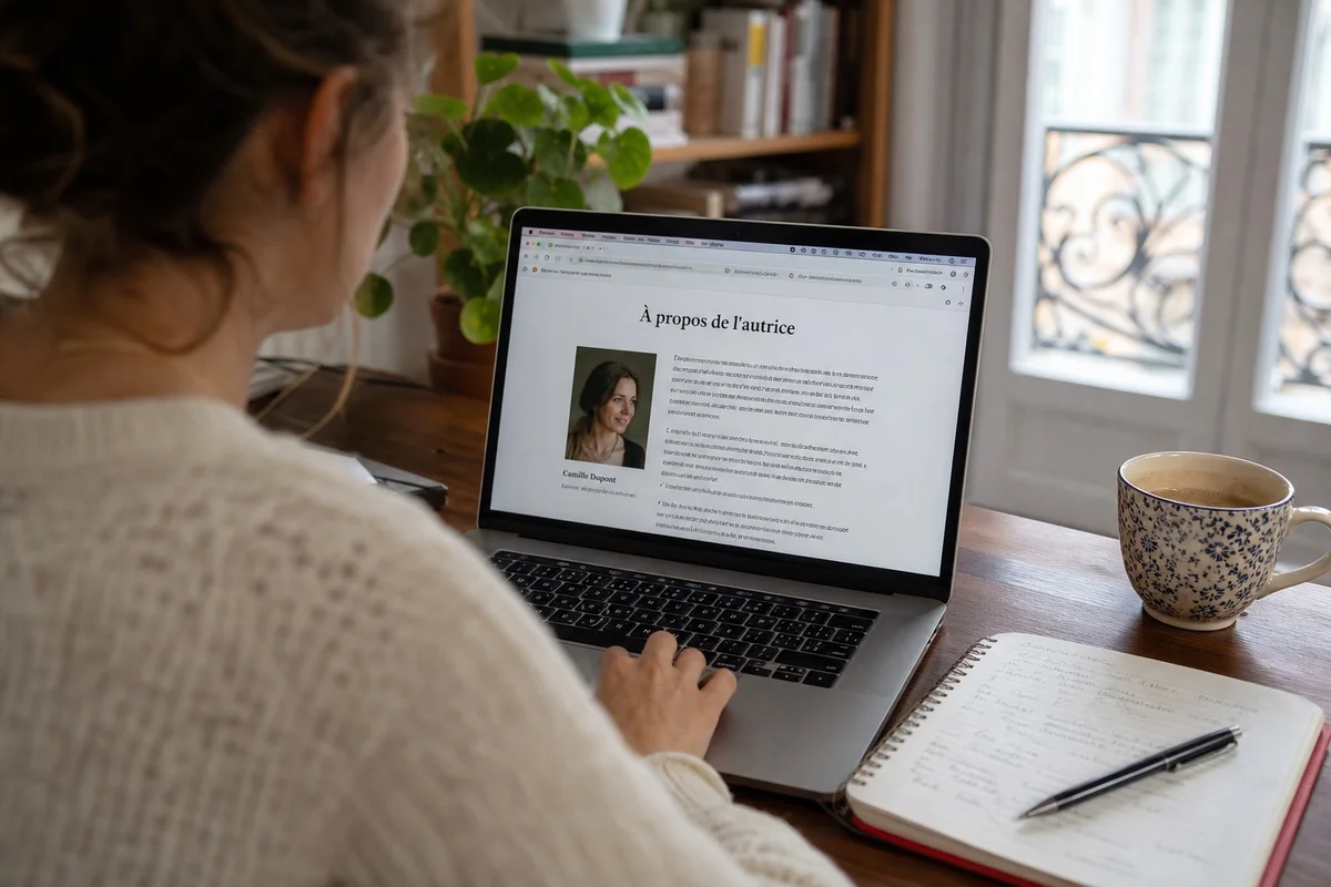 Rédacteur travaillant sur une page auteur avec biographie et crédentials